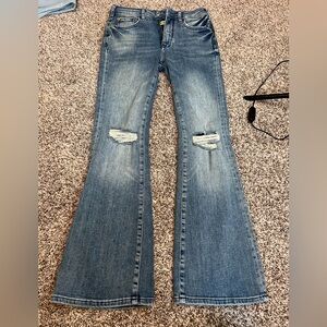 Pilcro Distressed Flare Jeans in Medium Blue